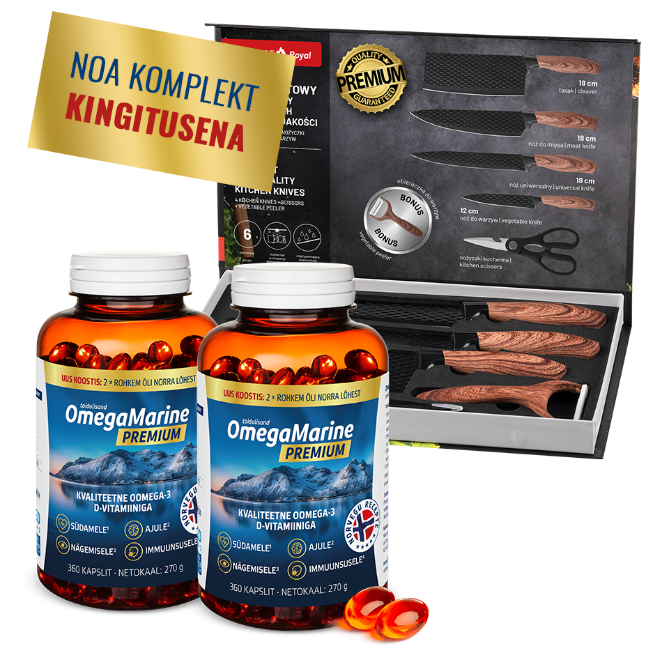Natural Pharmaceuticals OmegaMarine™ Premium Kaks merevaigukollast purki OmegaMarine™ Premium toidulisandit. Purgi kõrval on näha kaks punakasoranži kapslit. Paremal on ringikujuline märk kirjaga „Teie TASUTA kingitus“ ja pilt ehtekomplektist: kõrvarõngad ja rohelise kiviga ripats.