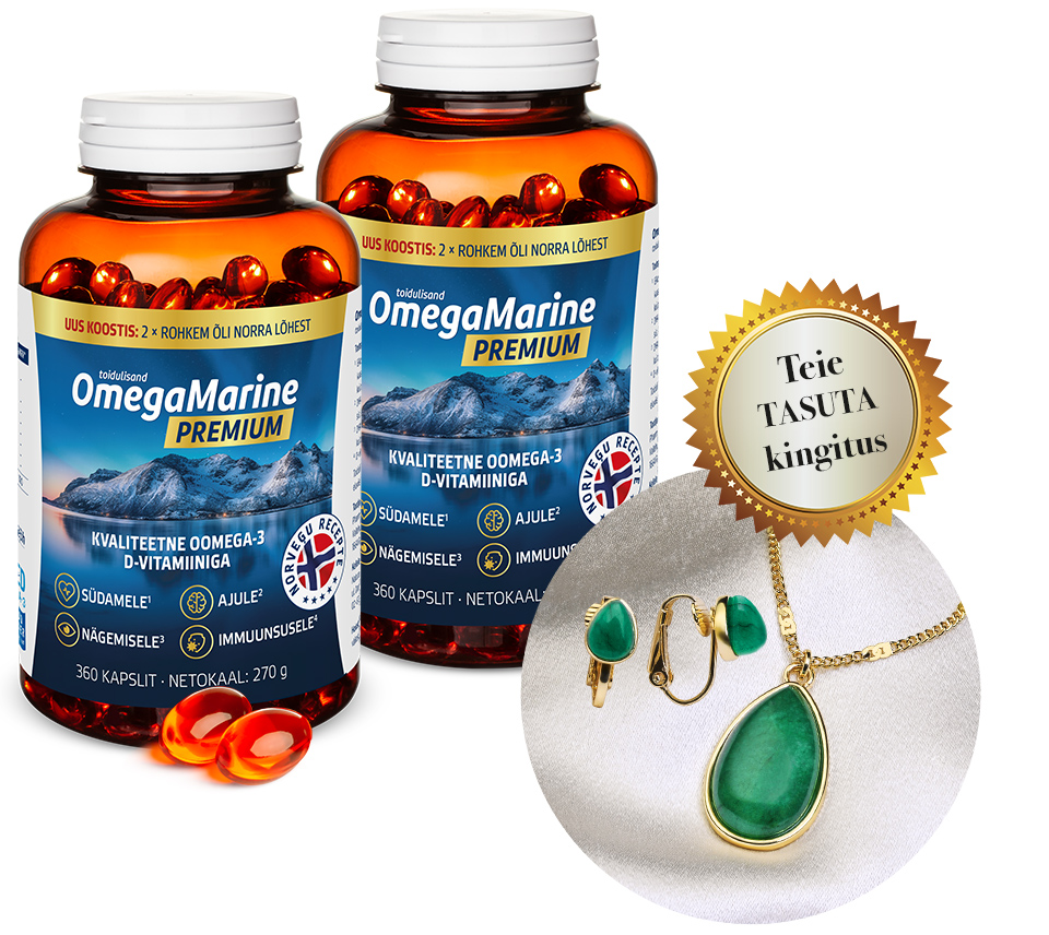 Natural Pharmaceuticals OmegaMarine™ Premium Kaks merevaigukollast purki OmegaMarine™ Premium toidulisandit. Purgi kõrval on näha kaks punakasoranži kapslit. Paremal on ringikujuline märk kirjaga „Teie TASUTA kingitus“ ja pilt ehtekomplektist: kõrvarõngad ja rohelise kiviga ripats.