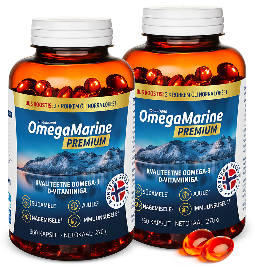 Natural Pharmaceuticals OmegaMarine™ Premium Kaks merevaigukollast purki valge korgiga, mis sisaldavad OmegaMarine™ Premium toidulisandit. Etiketil on kujutatud mägesid ja järve ning teave omega-3- ja D-vitamiini sisalduse kohta. Pakendi põhjas on ikoonid, mis näitavad kasu südamele, ajule, nägemisele ja immuunsusele. Purgi kõrval asub kolm punakasoranži kapslit.